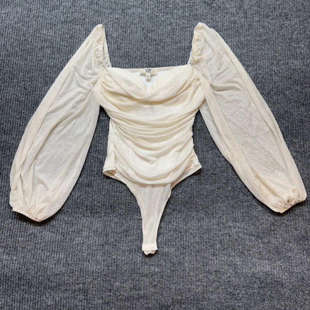 Glitter Ruched Bodysuit Small Sheer Puff Sleeve‎ Coquette Party Glam